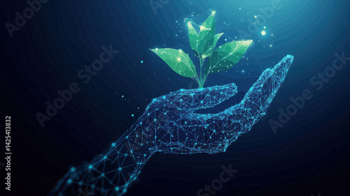Abstract Digital Hand Holding Plant Sustainable Economy Concept Technological Blue Background Low Poly Wireframe Illustration Connected Glow Dots Lines Geometric Shapes Flat Minimalist SVG Vector