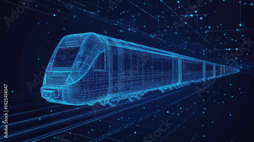 Abstract Polygonal 3D Wireframe Modern Train at Railway Station, Vector Mesh Rapid Transit Concept, Digital Starry Sky Style, Blue Minimalist SVG, Transportation and Railway Logistics Illustration