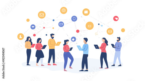 Social Network Concept Vector Illustration with Diverse People Using Digital Devices and Connecting Through Technology