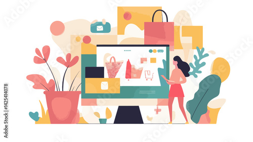 Flat Design Online Shopping Concept with Desktop Screen and Shopping Cart Icons - Website Template and Web Banner for E-commerce - Modern Vector Illustration Featuring Woman Shopper and Shopping Bags