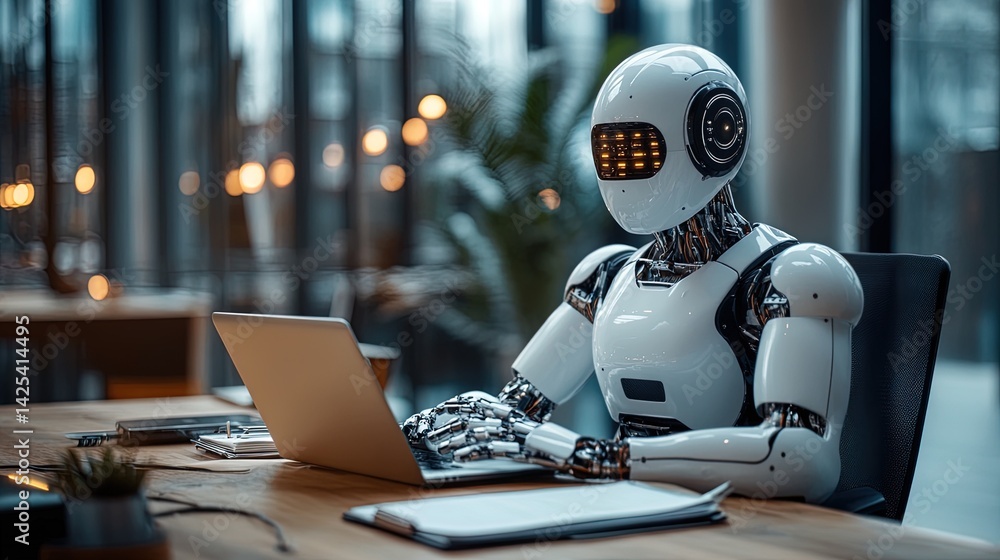 Fototapeta premium Futuristic Robot Working on Laptop in Office
