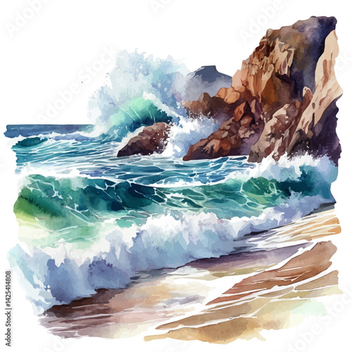 Beach waves crashing against rocky cliffs, watercolor illustration, isolated on a white background.

