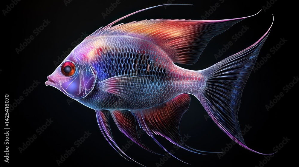 Fototapeta premium Colorful Angelfish, Aquatic, Dark Background, Illustration, Pet