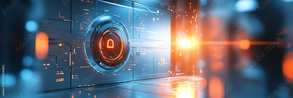 Obraz premium Futuristic Security System with Orange Glowing Lock Protecting Digital Data