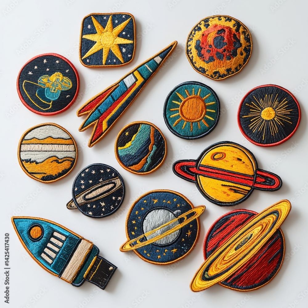 National Space Day Colorful embroidered patches depicting celestial bodies and space themes.