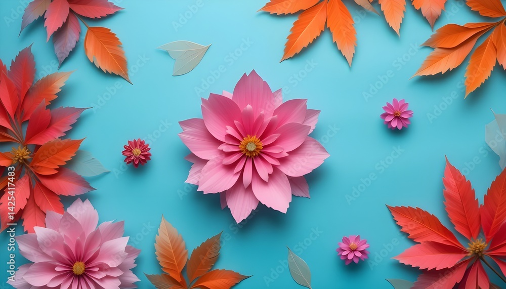 Fototapeta premium pink paper flowers and autumn leaves on sky blue background