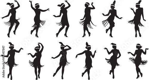 Dynamic black silhouettes of dancers in various expressive poses, showcasing movement and rhythm in artistic style