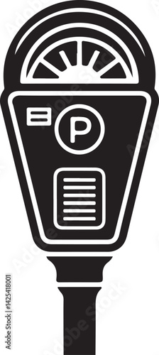 Black silhouette of classic parking meter with dial and coin slot, urban street icon for parking and regulation themes