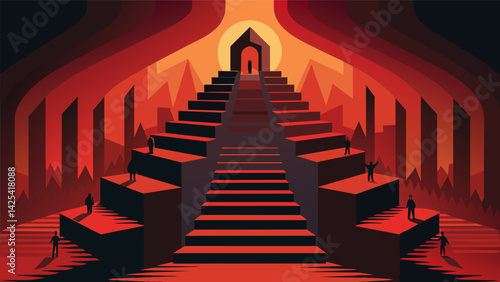 A room with an endless staircase each step getting steeper and narrower making it seem like visitors are climbing into the pits of hell..