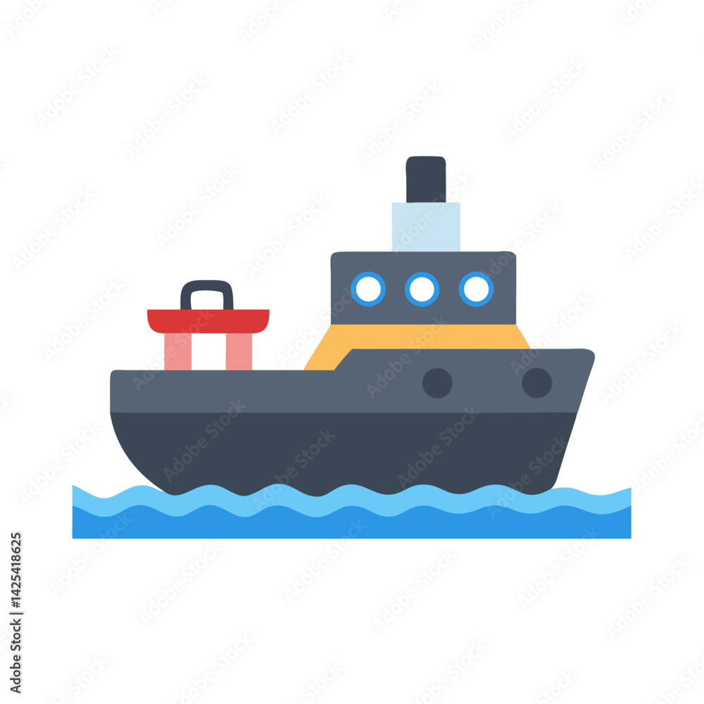 Cute Cartoon Ship Sailing on Blue Water Waves Cute Cartoon Ship Sailing on Blue Water Waves