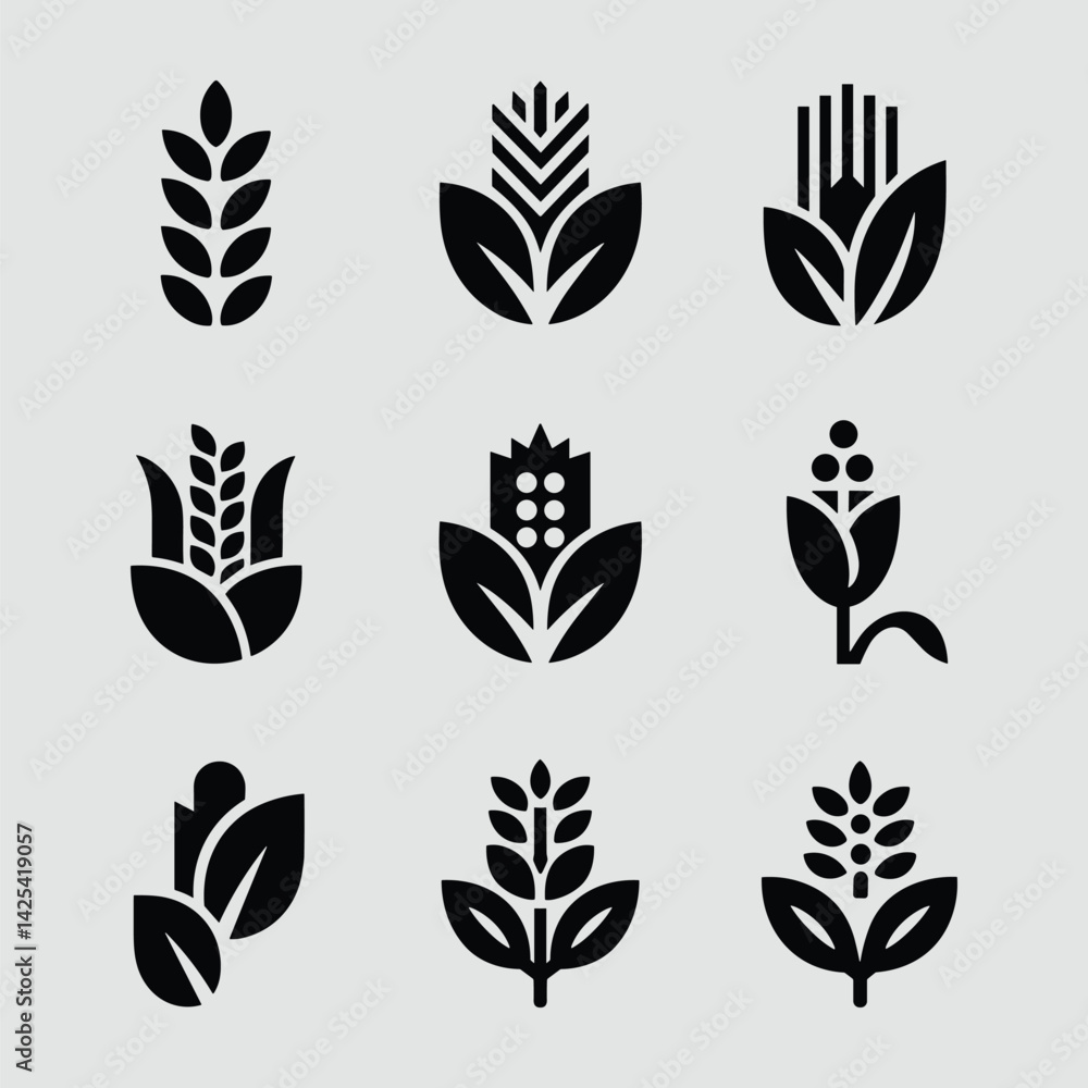 Minimalist Vector Icons Of Different Crops Including Wheat Corn Barley And Rye Forming A Nature Graphic