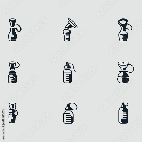 Collection Of Varied Drinkware And Containers Like Pourover Bottles Represented In Monochrome Vector Icons On Gray Backdrop