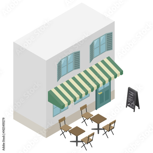 アイソメトリックイラスト：テラス席のあるカフェ店舗