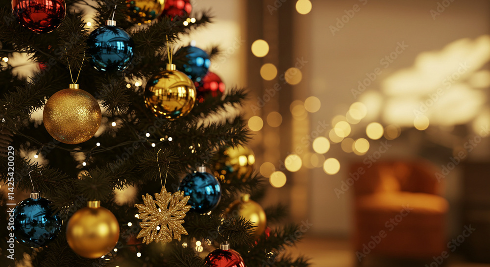 Decorated Christmas Tree with Ornaments and String Lights Decorated Christmas Tree with Ornaments and String Lights