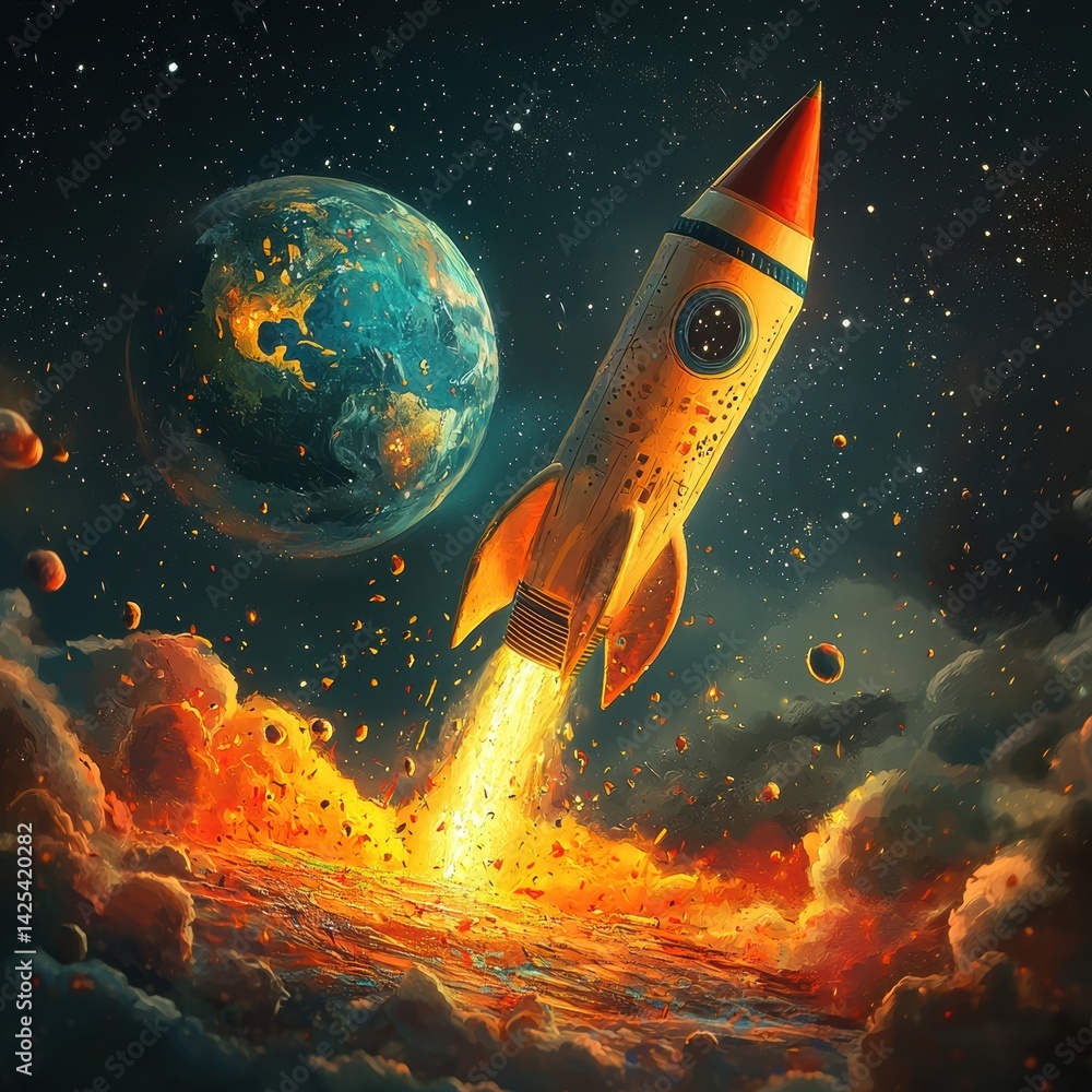National Space Day A colorful rocket launches into space, with Earth in the background and a vibrant cosmic scene.