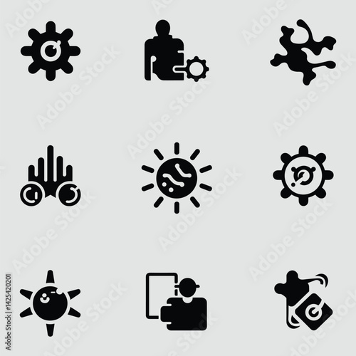 Black Silhouette Icon Set On Light Background Showcasing Business Processes,Optimization,Environment,And Human Resources Concepts