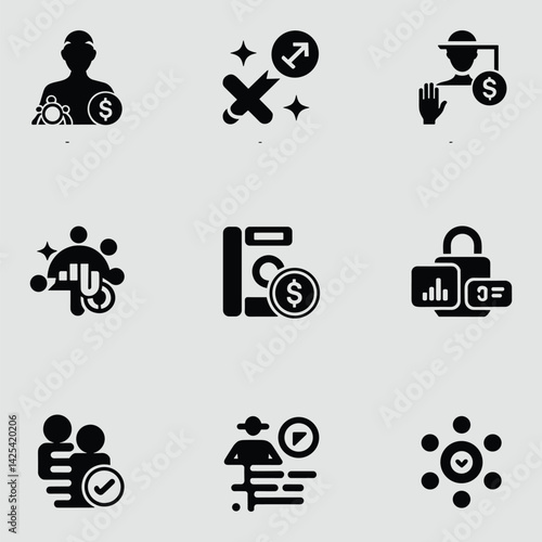 Black Icon Set Depicting Business And Finance Growth Strategy On Gray Background