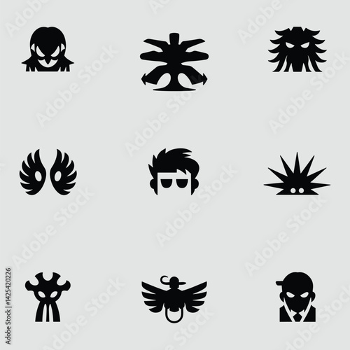 Collection Of Nine Unique Black Silhouette Icons Representing Diverse Concepts And Figures Minimalist Style