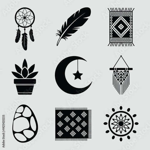 Bohemian Silhouette Vector Set Featuring Dreamcatcher Feather Succulent Macrame Rug Moon Star Egg Design