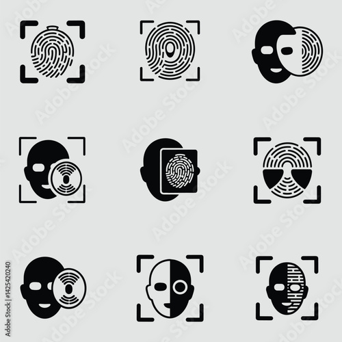 Biometric Identification And Security Icons Set In Black And White For Authentication And Recognition Concepts