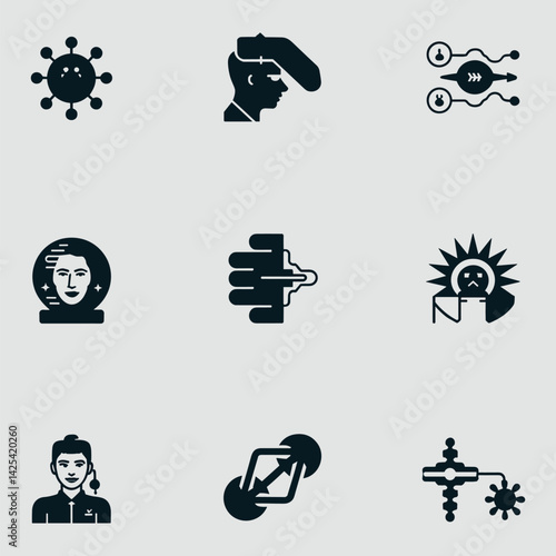 Black And White Science And Technology Concept Icons Symbolizing Innovation And Technological Advancement In Different Scientific Fields