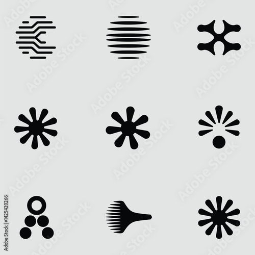 Collection Of Nine Simple Geometric Abstract Shape Designs In Black Color Over Gray Background