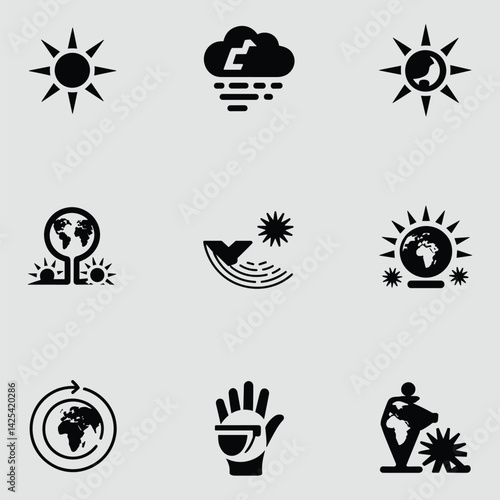 Set Of Black Environmental Icons Depicting Weather Globe Sunlight And Climate Change Awareness