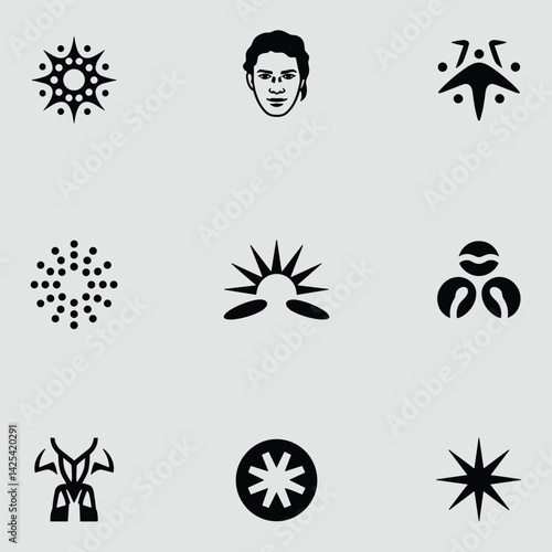 Collection Of Nine Simple Symbolic Monochrome Vector Graphic Representations Of Natural Elements And Human Face Artistic Expression And Creativity