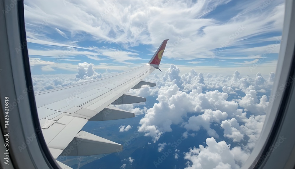 Fototapeta premium airplane window view with wing flaps and colorful tail
