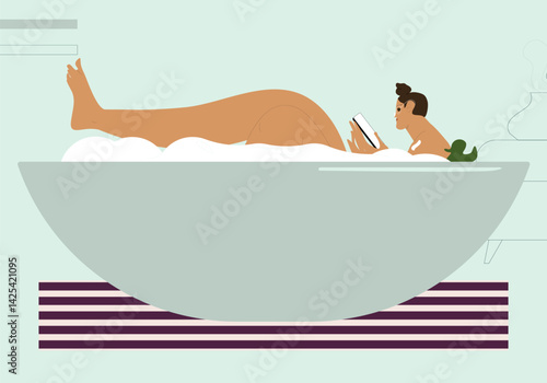 Woman relaxing in bathtub with smartphone. Happy girl taking bath. Female enjoying leisure time in bathroom, lying in tub with mobile phone. Flat vector illustration isolated on white background
