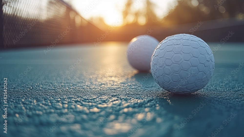 Two white balls on a court at sunset Two white balls on a court at sunset