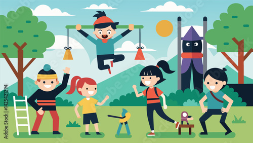Kids and parents dressed in their best ninja attire for a Family Ninja Warrior Day at the Park complete with obstacle courses and ninjainspired. Vector illustration