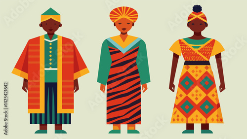 A collection of traditional African garments including brightly patterned tunics and head wraps sourced from local thrift stores.. Vector illustration