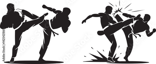Silhouettes of martial arts fighters in combat and kick poses, energetic vector illustrations for sports and self-defense