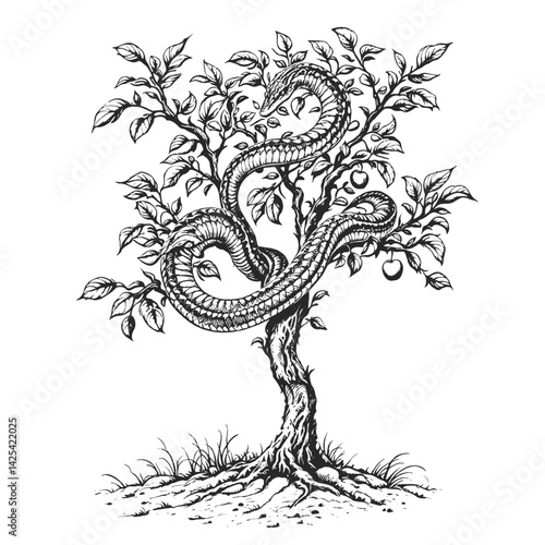 biblical serpent snake on apple tree sketch engraving vector illustration. Black and white hand drawn image. T-shirt apparel print design. Scratch board imitation.