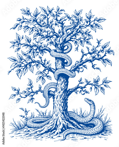 biblical serpent snake on apple tree sketch engraving vector illustration. Black and white hand drawn image. T-shirt apparel print design. Scratch board imitation.