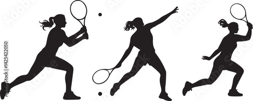 Black silhouettes of female tennis players in action poses hitting and serving tennis balls, sports and athletic vector art