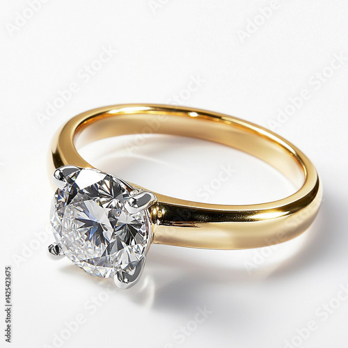 Classic diamond solitaire ring on gold band, isolated on white background