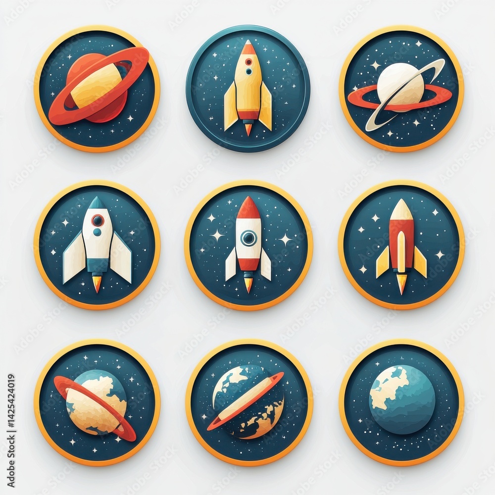 National Space Day Colorful space-themed badges featuring rockets and planets in a grid layout.