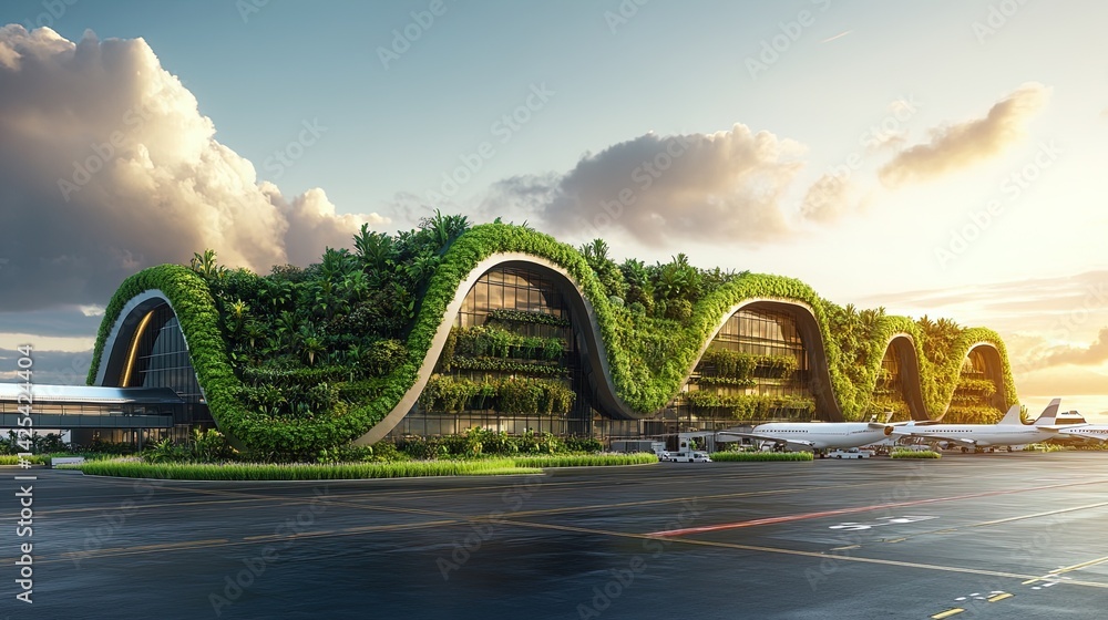 Fototapeta premium Modern Green Airport Terminal at Sunrise
