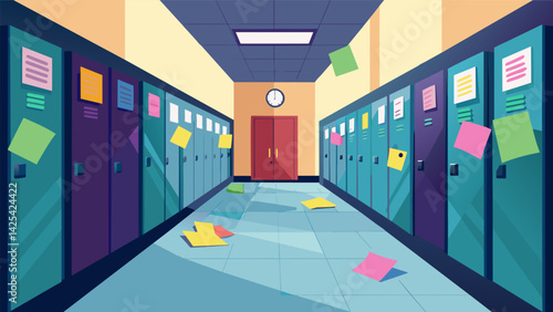 A high school hallway with lockers decorated in sticky notes containing encouraging messages for stressedout students during finals season..