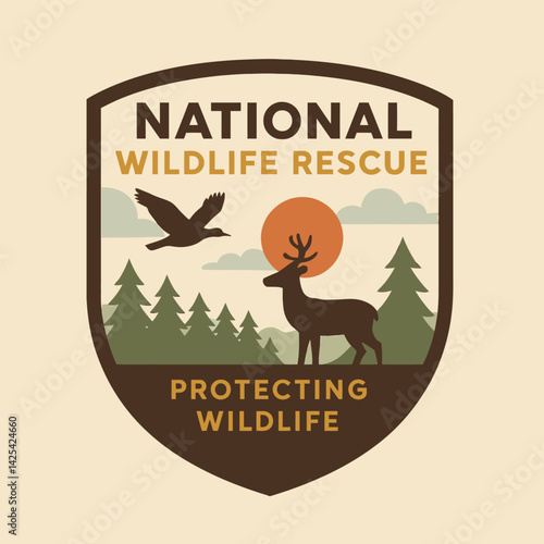 Wildlife Conservation Badge with Deer, Bird, and Forest Illustration