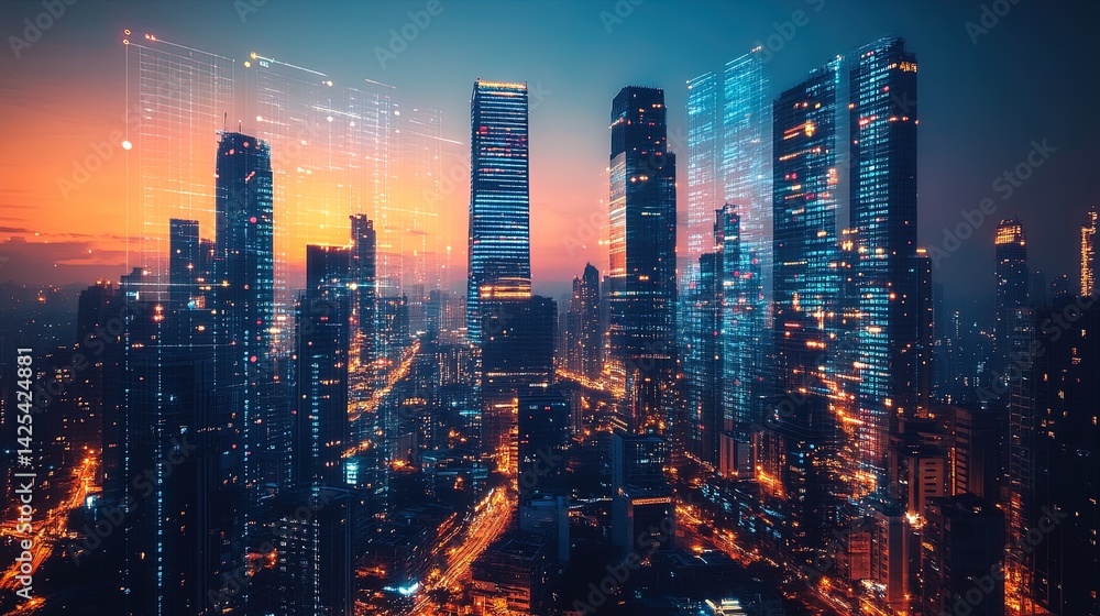 Fototapeta premium Futuristic Cityscape at Sunset