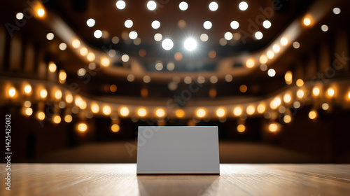 Blank event stage sign placed on podium with blurred audience and dramatic lights in background. Empty nameplate mockup in spotlight for conference, award show, seminar, or stage presentation design