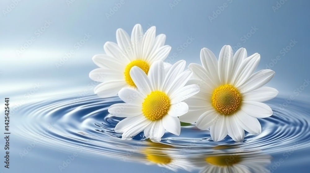 Fototapeta premium Delicate white daisies rest gently on tranquil water.