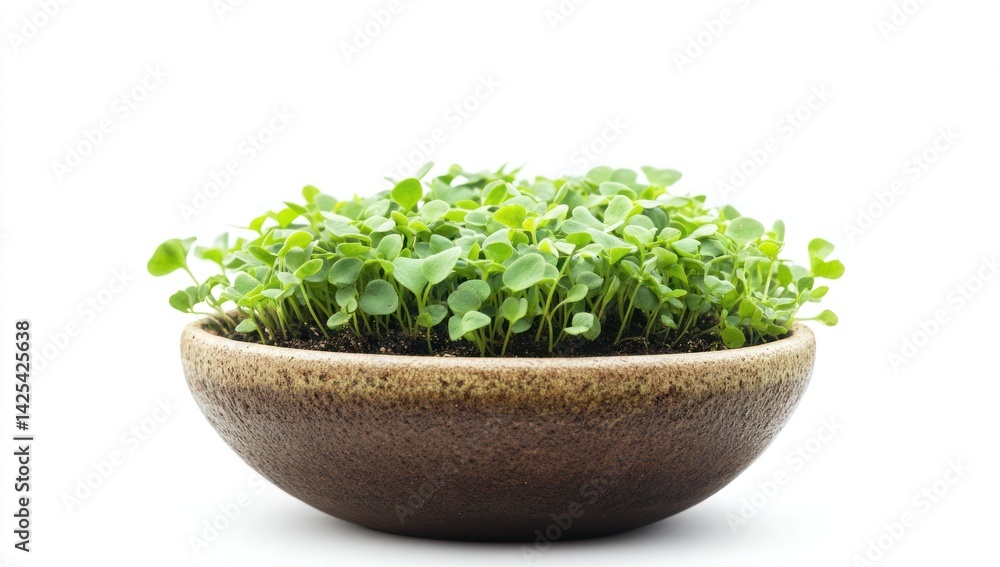 Sprouting greens in brown bowl, studio shot Sprouting greens in brown bowl, studio shot