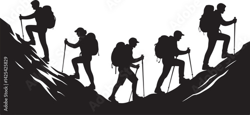 Hikers Silhouette Vector Art, Mountain Climbing Illustration, Adventure Fitness Graphic, Outdoor Trekking Icons, Nature Expedition Collection
