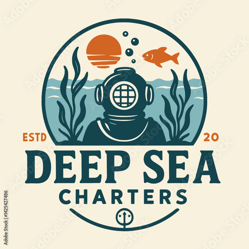 Diving Adventure Badge with Sea Life and Vintage Diving Helmet
