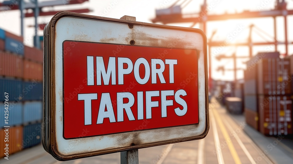 Obraz premium Red sign highlighting import tariffs at a busy industrial shipping port