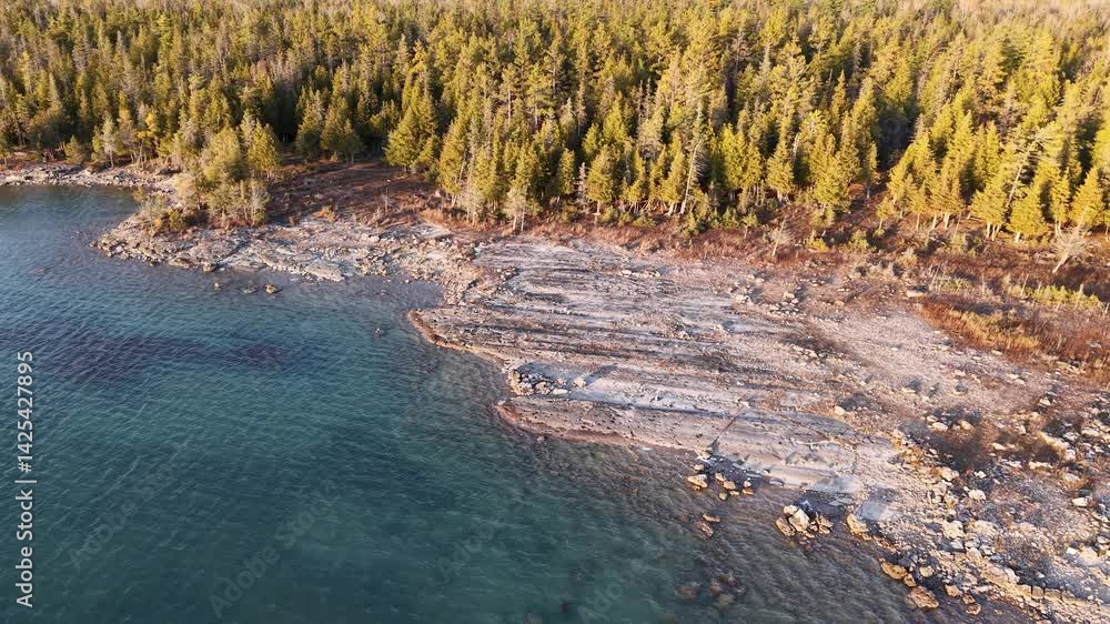 Golden hour drone view of rocky Michigan shoreline lined with dense evergreen forest and glistening blue water Golden hour drone view of rocky Michigan shoreline lined with dense evergreen forest and glistening blue water